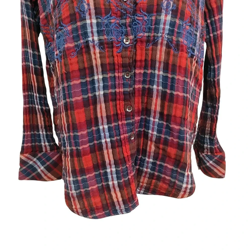 Free People Magical Plaid Button-Up Shirt Embroidered 4th of July‎ Patriotic S